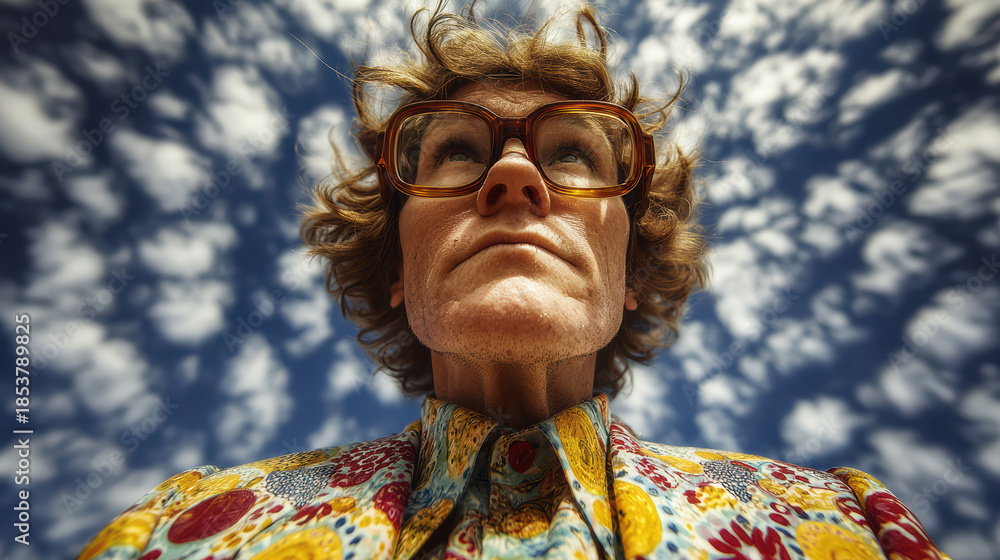 Fototapeta premium Low Angle Fashion Portrait With Orange Sunglasses , cloudy sky