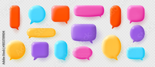 Collection of realistic volumetric speech bubbles isolated on a light background. Vector 3D illustration.