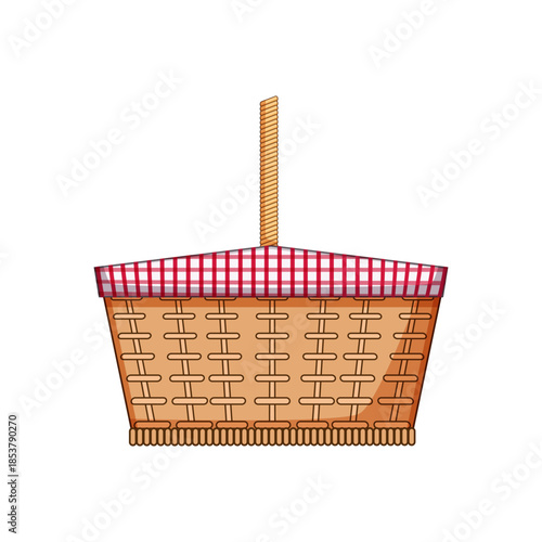 Wicker picnic basket featuring a brown braided handle and a red and white checkered gingham cloth peeking from the top, ideal for outdoor meals and summer outings