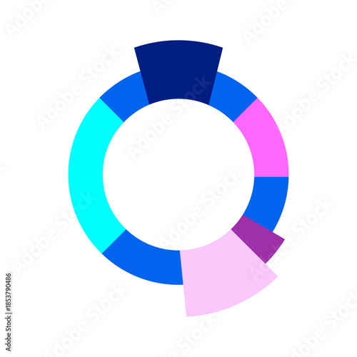 Abstract segmented donut chart visualizing data, percentages, and statistical information with colorful sections separating from the main ring, illustrating business analysis and financial insights