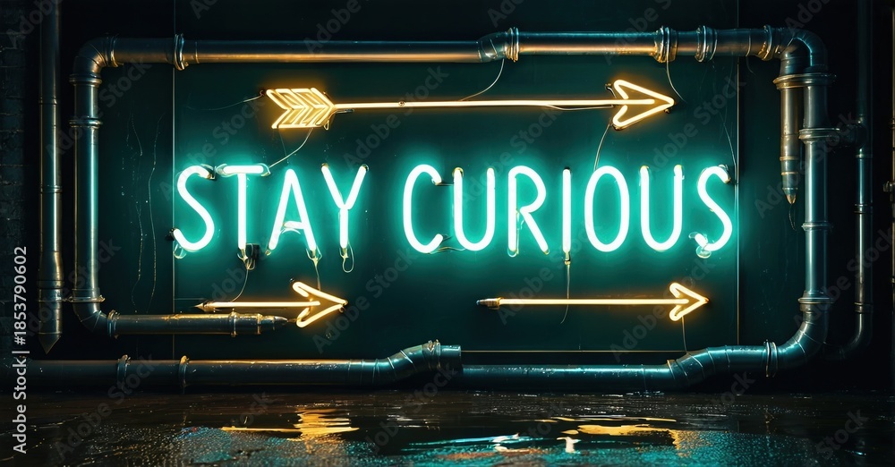 Fototapeta premium Neon sign displays Stay Curious. Arrows point directions. Dark background, wet floor creates reflections. Industrial setting.