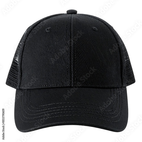 Plain black baseball cap featuring a solid front panel and mesh backing. It has a curved brim and a button on top