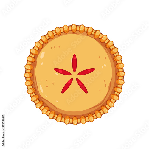 Round golden brown baked pie with a star shaped vent in the crust, overhead view of a classic homemade fruit dessert on white background, traditional holiday treat