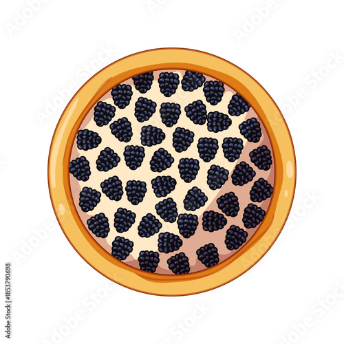 Top view illustration of a homemade blackberry pie with juicy purple berries and creamy filling in a golden flaky crust, colorful dessert perfect for bakery menus and summer gatherings