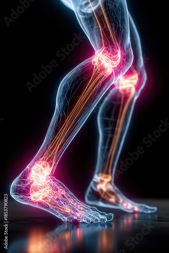 Knee joints illuminated in human body highlighting pain areas in legs and arms