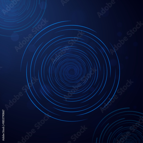 Abstract blue technology background with glowing concentric circles and digital data lines, Futuristic circular network connection hub with glowing blue light trails on dark background, Modern cyber 