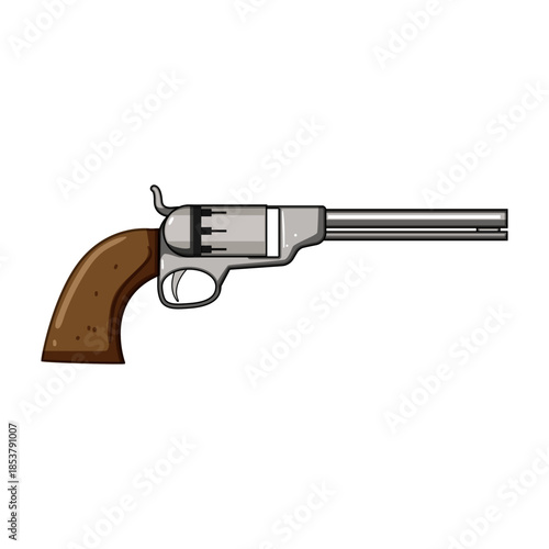Classic style revolver pistol with a long barrel and brown handle, illustrating concepts of law enforcement, security, protection, and historical weaponry on a white background