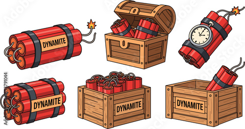 Cartoon Red Dynamite Explosives Set with Timer Clock and Wooden TNT Crates for Game Assets Mining Industry and Danger Concept Illustration
