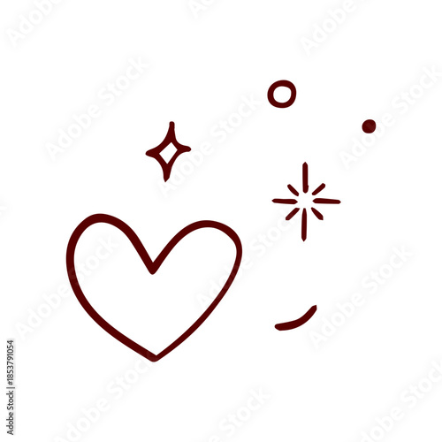 Minimalist Love Icon Line Art. Romantic Heart Sketch with Magic Glitters for Logo and Wedding
