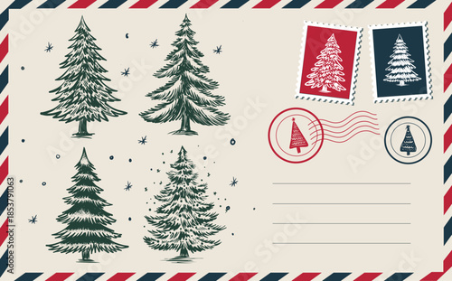 Christmas postcard with tree, New Year card	