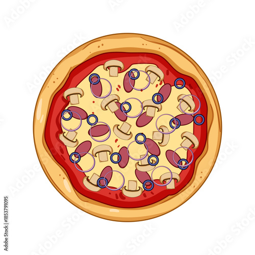 Appetizing round pizza with tomato sauce, melted cheese, mushrooms, pepperoni, red onion rings, and black olives, presenting a tempting italian fast food meal from a top view