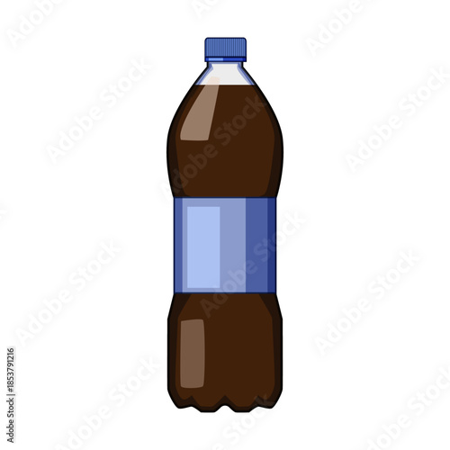 Plastic bottle containing a dark brown carbonated beverage with a blue cap and a blank light blue label, ready for branding or custom design, on a white background