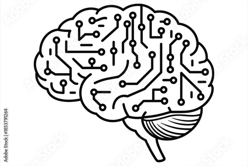 Black and White Outline of a Brain with Electronic Circuitry and Cerebellum human brain circuit board
