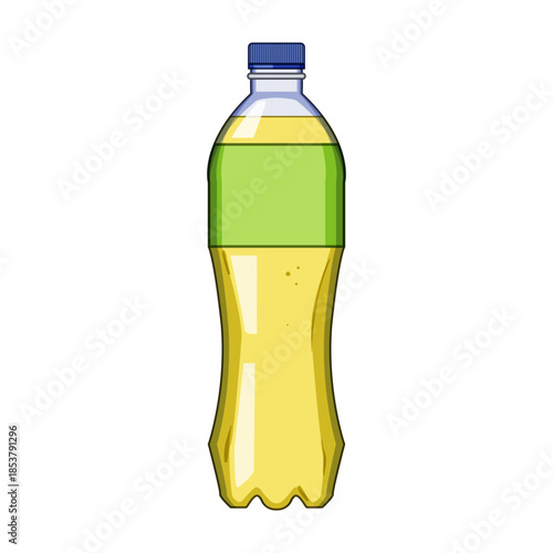 Plastic soda bottle filled with a yellow carbonated soft drink, featuring a blue screw cap and a green blank label, ready for branding and refreshment