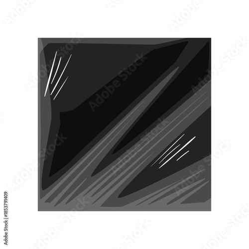Black square graphic symbolizing a new vinyl record album cover protected by transparent crinkled plastic packaging, highlighting the material texture and light reflections
