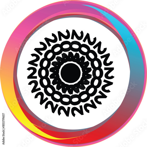 Abstract vector illustration of a circular sun ornament design featuring a round floral pattern and summer nature elements for a web logo or business sign button