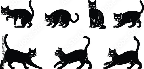 Collection of six black cat silhouettes in various poses Keywords: cat, cats, silhouette, black cat, feline, animal, pet