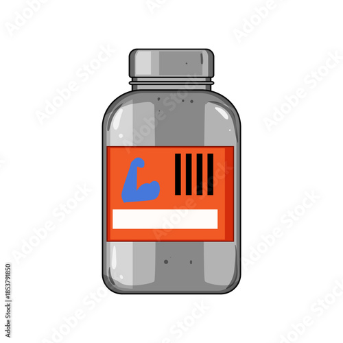 Protein supplement jar displaying a muscle icon, symbolizing fitness, bodybuilding, and the importance of nutritional support for strength and athletic performance
