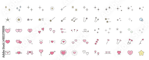 ハートとキラキラと星のアイコンセット