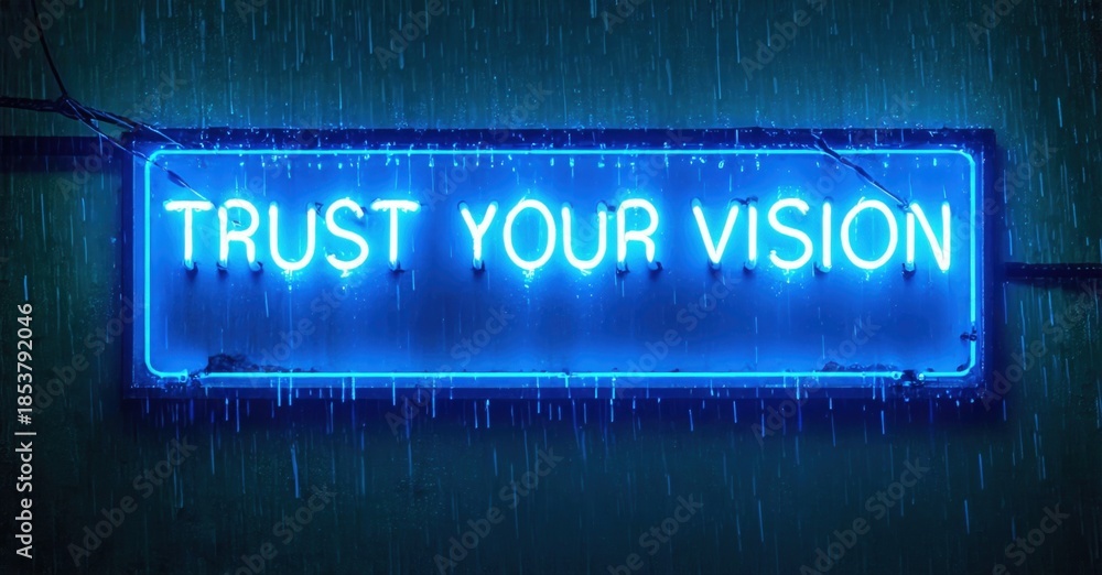 Fototapeta premium Bright neon sign displays inspirational message. Dark background emphasizes glowing text, creating dramatic effect. Rain streaks visible.