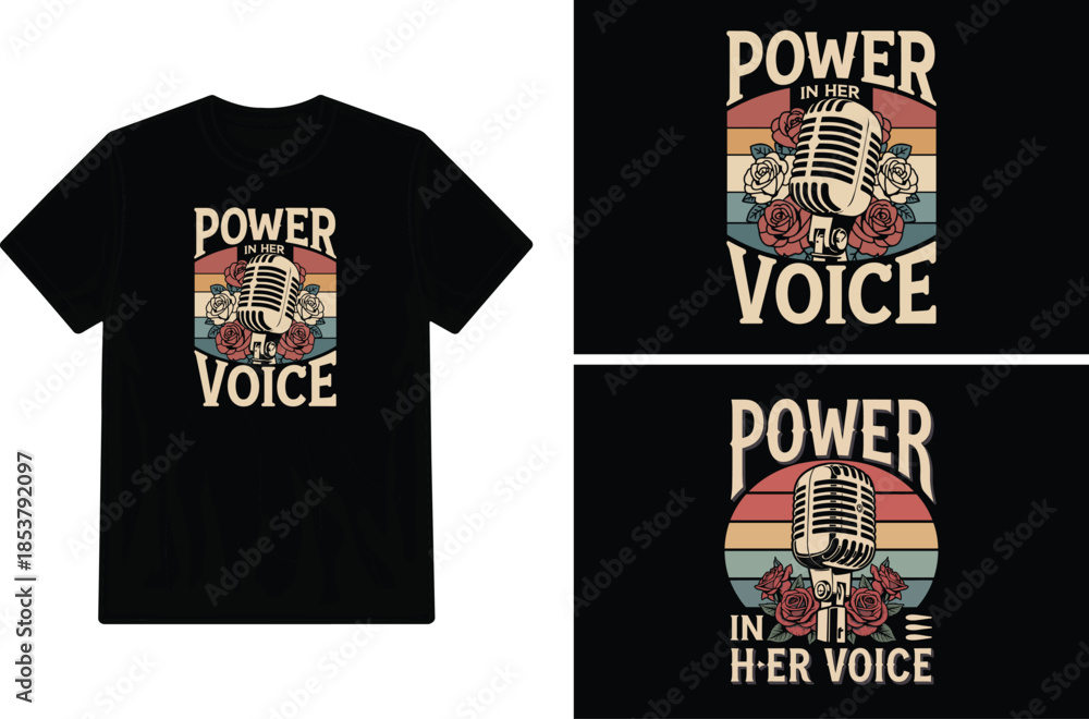 Fototapeta premium Vintage style t shirt design featuring a microphone and floral elements