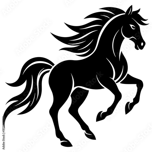 Black silhouette of a rearing horse with flowing mane and tail