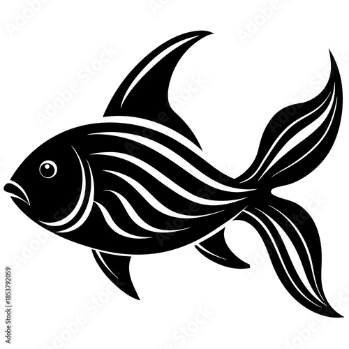 Black silhouette of a stylized fish with flowing fins