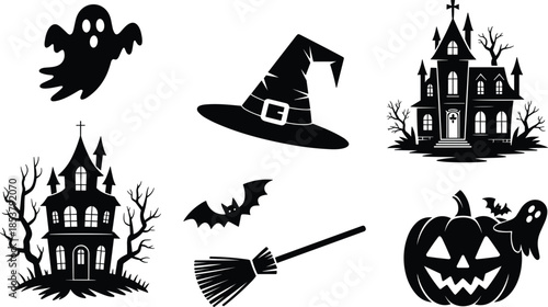 Halloween Icons Silhouette Collection Haunted Houses Ghost Witch Hat Pumpkin Bat Broom vector illustration