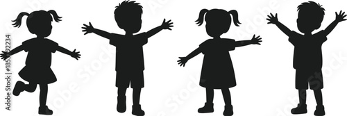 Silhouettes of four happy children with arms raised on white background Keywords: children, kids, silhouette, happy, joy