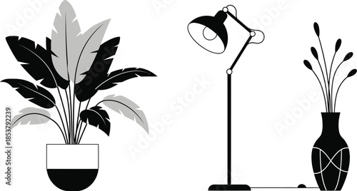 A minimalistic composition featuring a plant lamp and vase in grayscale