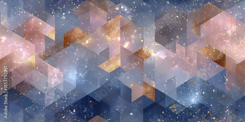 Abstract geometric background with blue and rose gold hexagon shapes and glitter, creating stylish and elegant pattern with sparkling effect