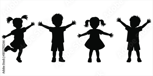 Silhouettes of four happy children with arms raised on white background Keywords: children, kids, silhouette, happy, joy