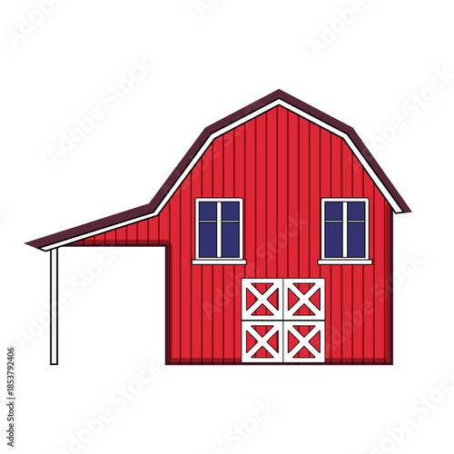 Red farm barn building with a classic gambrel roof, two windows, and four cross pattern doors standing as a common countryside agriculture storage structure