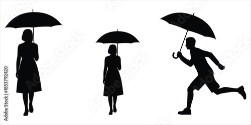 Silhouettes of people with umbrellas in different poses on white background woman