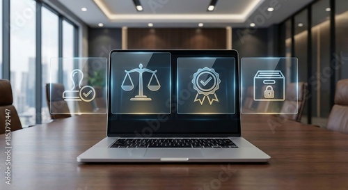 Laptop on a conference table with justice and security icons
