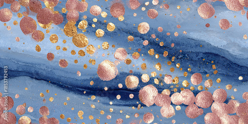 Blue abstract background with rose gold glitter dots scattered in artistic pattern, creating elegant and festive atmosphere with shimmering metallic texture and soft watercolor effect