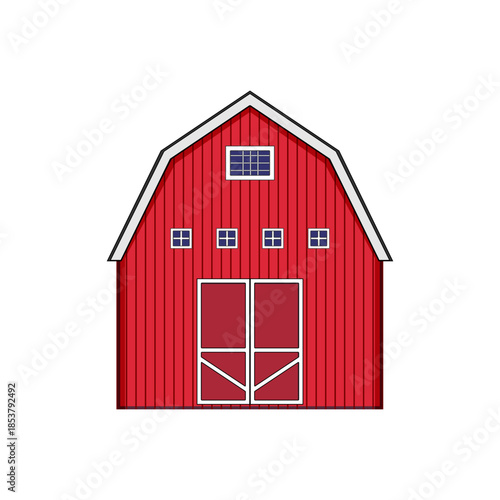 Red farm barn with white trim and windows standing boldly against a clean white background, depicting rural life, agriculture, and countryside simple living concepts