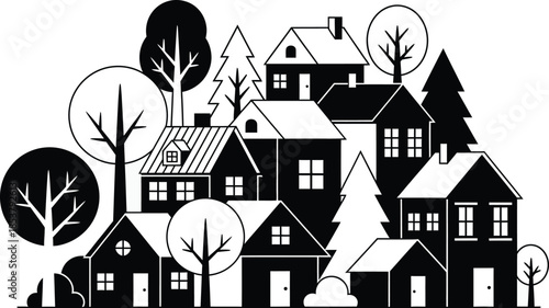 A charming black and white illustration of a small village and trees