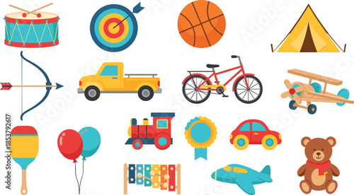 Collection of colorful children toys and hobby icons including teddy bear bicycle drum airplane and sports equipment isolated on white background