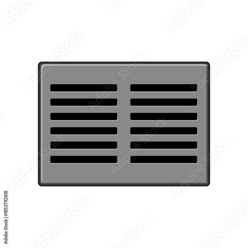 Rectangular grey storm drain or street grate isolated on a white background, representing drainage, ventilation, and urban infrastructure for water management and sewage systems
