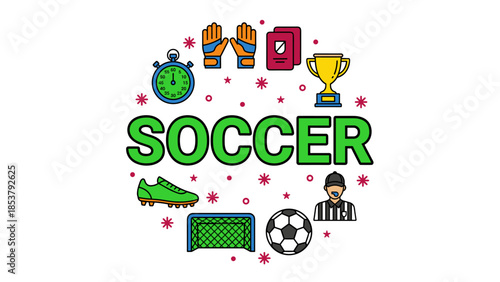 Collection of Soccer Elements and Equipment Arranged in a Circle.