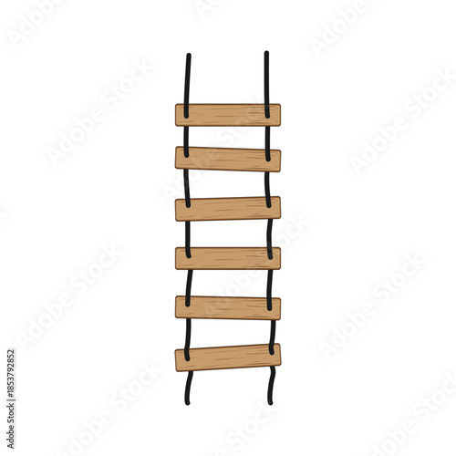 Rope ladder with wooden rungs and black ropes on white background, symbolizing ascent, progress, personal growth, overcoming obstacles and reaching higher goals and opportunities