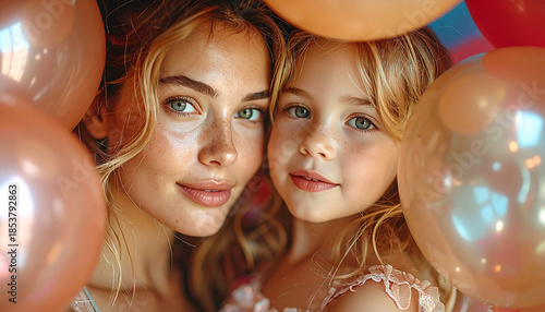 Mother-Daughter Celebration: A beautiful mother and daughter share a tender moment surrounded by celebratory balloons, radiating warmth, love, and the joy of togetherness.