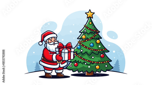 Festive Santa Claus holds a gift next to a decorated Christmas tree, spreading holiday cheer