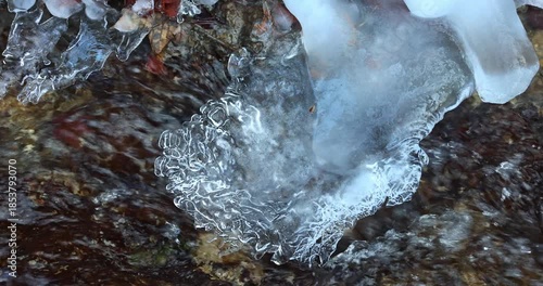 Wallpaper Mural Close-up photo captures intricate ice formations clinging to the rocks in a flowing stream. The ice creates patterns on water, showcasing winter's artistry in nature's scene. Torontodigital.ca