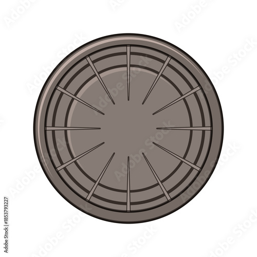 Round metal manhole cover providing access to city underground infrastructure, featuring striped and radiating line patterns, isolated on a white background