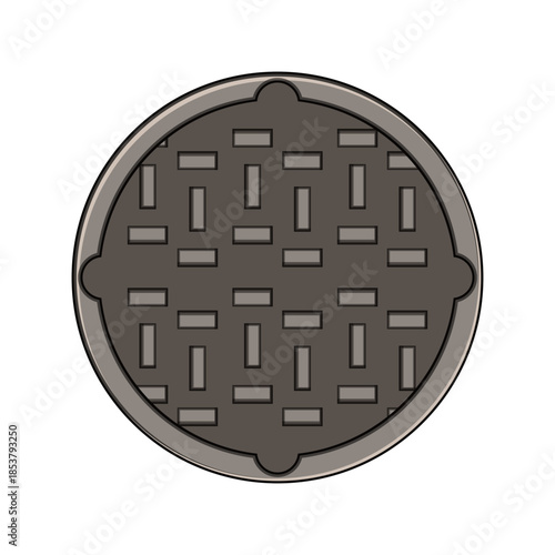 Vector illustration presenting a circular metal manhole cover with a textured pattern, representing access to urban utility networks and subterranean systems