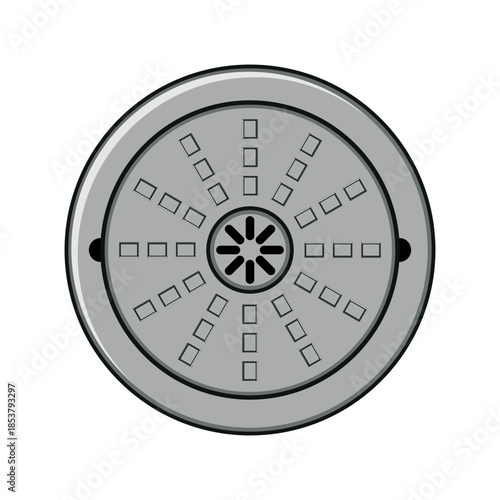 Round metal manhole cover with central grate and radial rectangular pattern, symbolizing urban drainage, utility access, and street infrastructure on white background, cutout