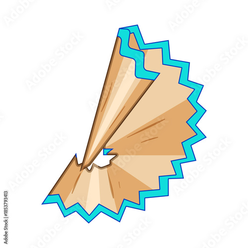 Pencil shaving spiral from a sharpened blue pencil, showing wood grain and jagged edge on white backgroundsymbol of creativity, school supplies and drawing tools