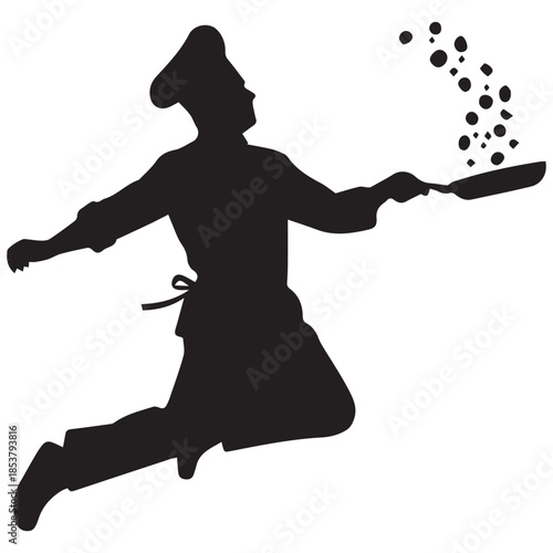 Chef cooking with dynamic movement and joyful energy in kitchen